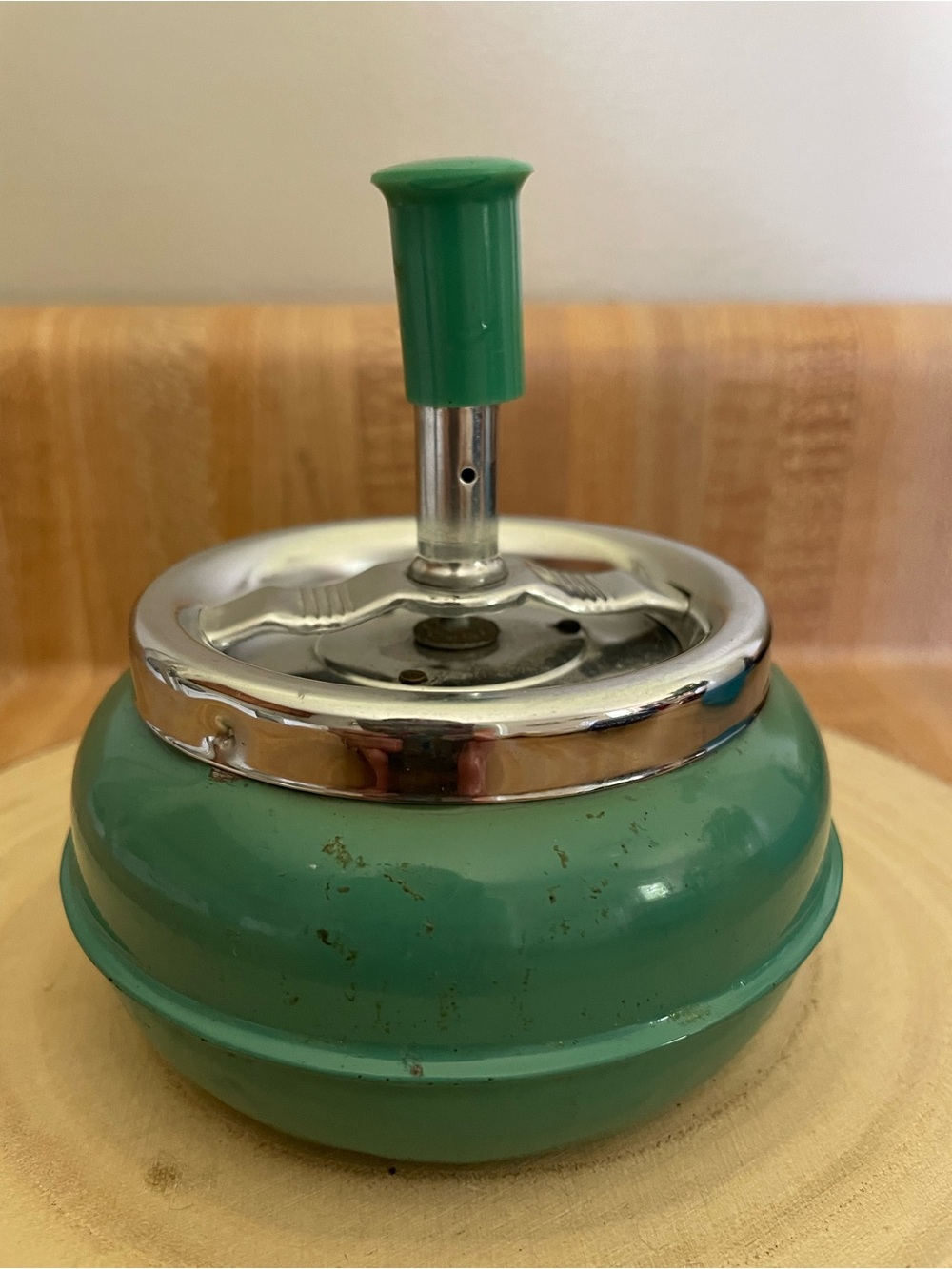 Vintage Green Push-Button Table Ashtray with Chrome Trim